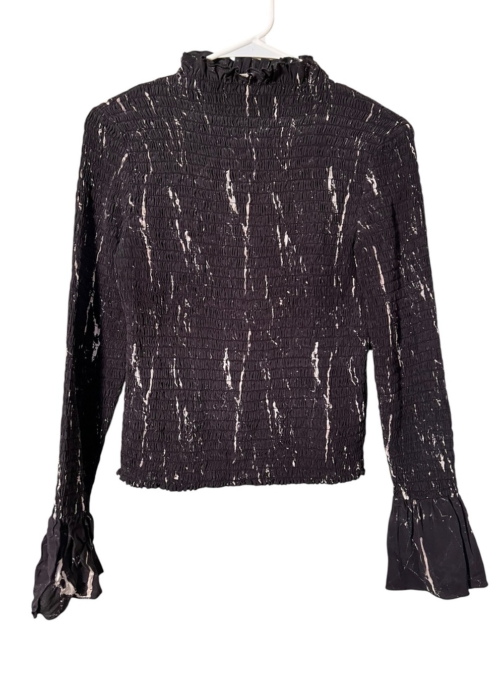 Sourcery Women's One Size Smocked Blouse Navy Blue Gray White Bell Sleeve Silk